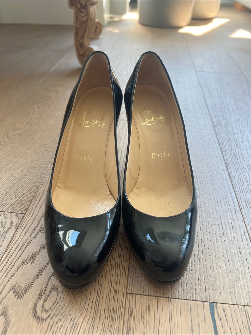 Christian Louboutin Black Patent Leather Round-Toe Pumps